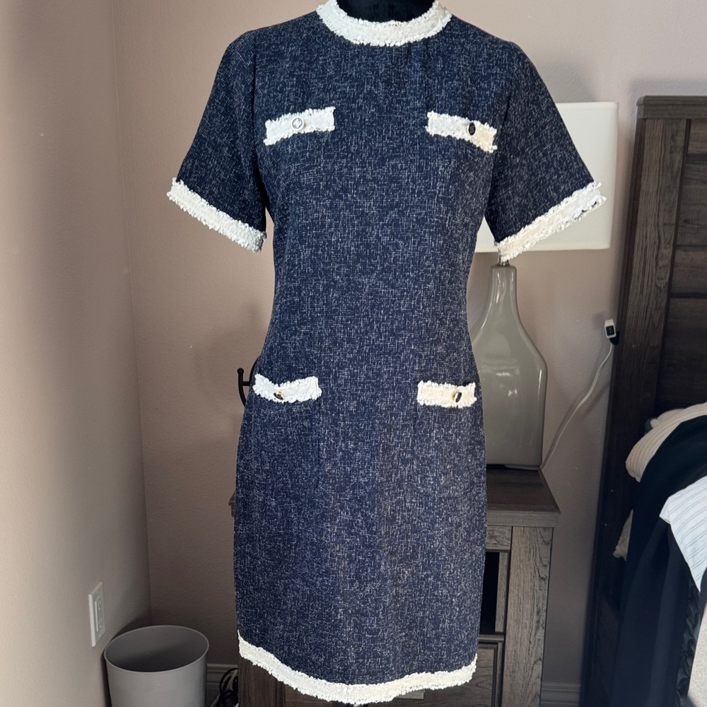 Stylish soft tweed Navy Dress with White Trim. Thai’s designer brand “Espada”